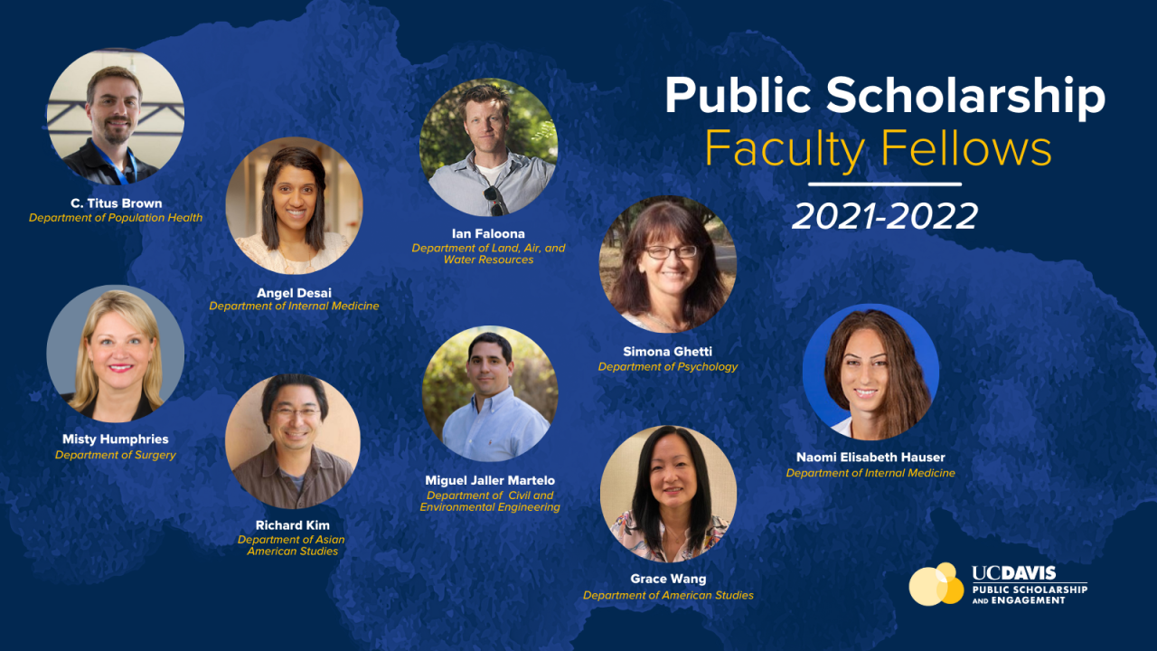 a blue background with a watercolor mark and 9 small circles with a headshot of a faculty fellow. text reads Public Scholarship Faculty Fellows 2021-2022