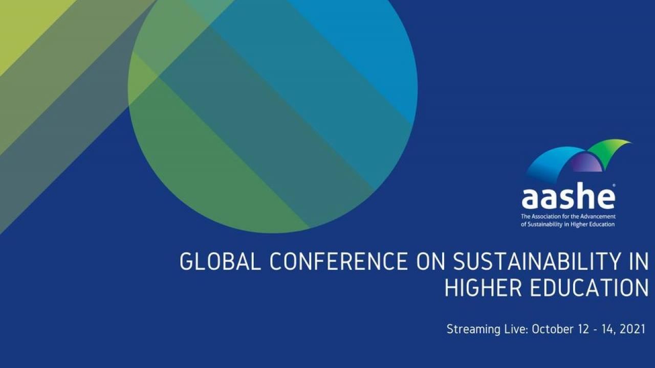 Blue background with green striped circles, text reads: Global Conference on Sustainability in Higher Education, streaming live October 12-14.  