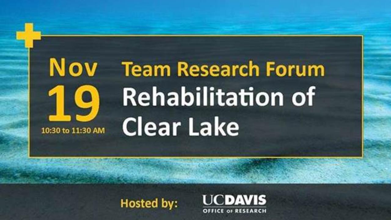 image of blue water with text overlay: November 19, 10:30 - 11:30 Team Research Forum on the Rehabilitation of Clear Lake