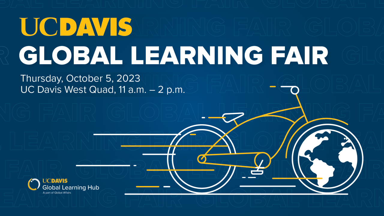 Graphic with text “UC Davis Global Learning Fair” followed by “Thursday, October 5, 2023 UC Davis West Quad, 11 a.m. - 2 p.m.”
