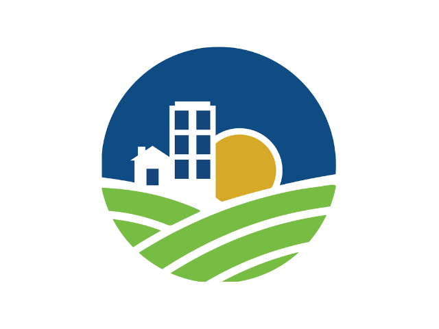Logo for UC Davis Center for Regional Change featuring a graphic design of grass, a house, and a sun in the background