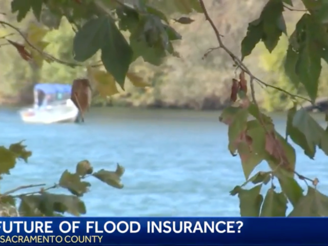Screenshot of large body of water with a banner across the image with the text "THE FUTURE OF FLOOD INSURANCE? ISLETON, SACRAMENTO COUNTY"