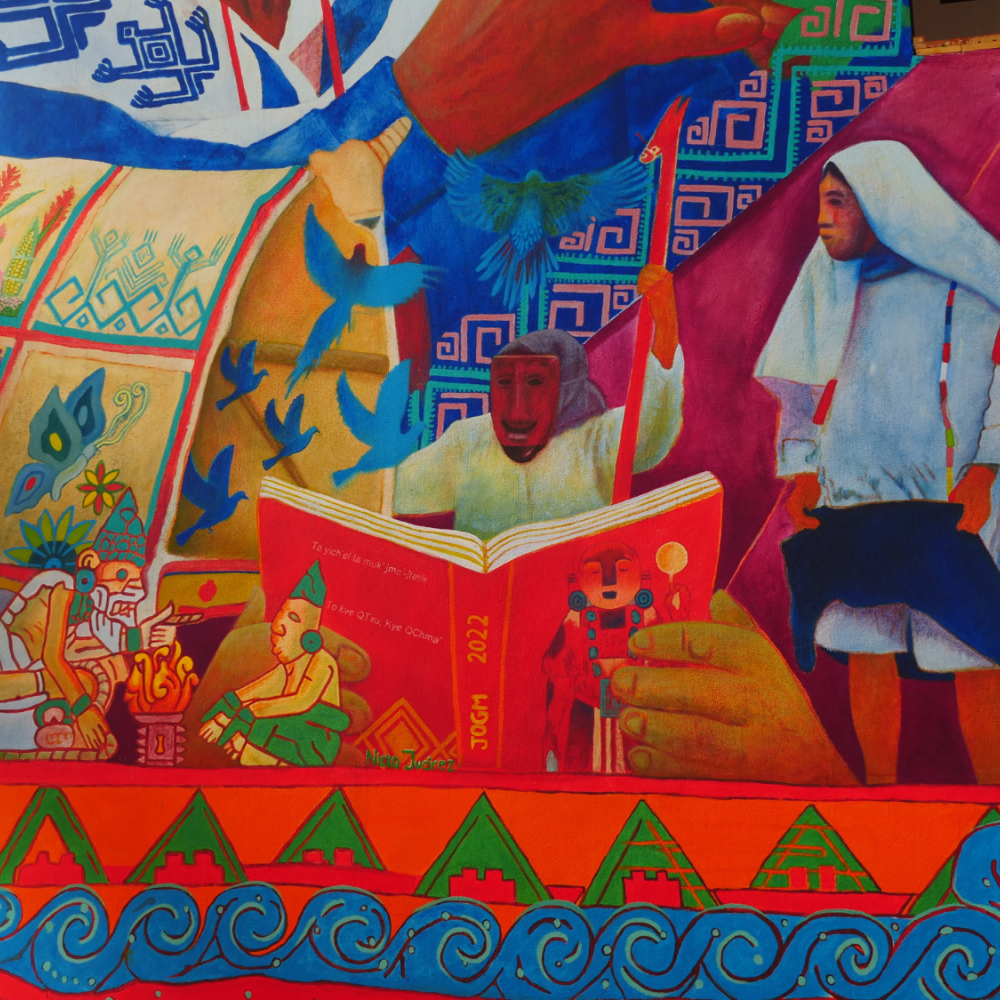 Bottom half of a colorful mural of people together in a collage. Three individuals at the left are gathered to tell stories. There is a book in the center that is open. 