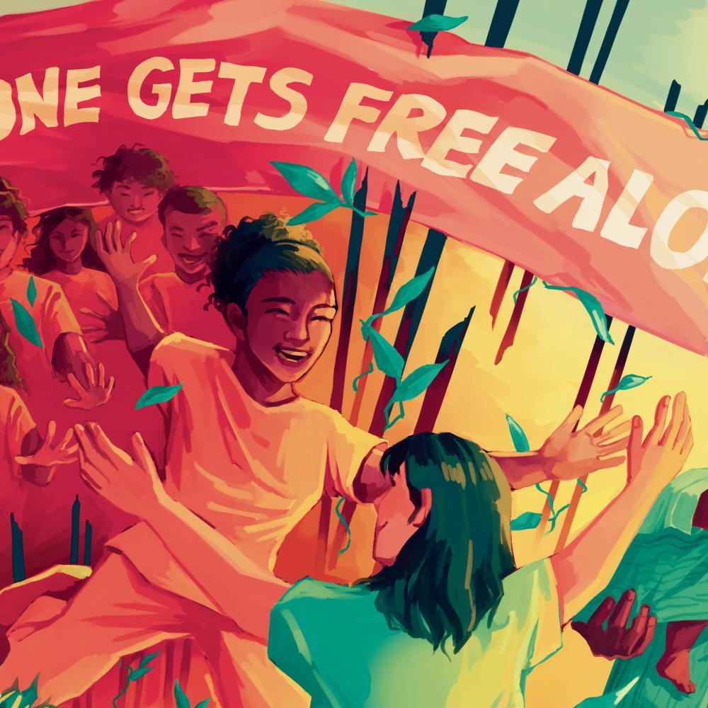 Illustration of two girls running towards one another for a hug. A group of children cheer in the background. Above them is a sign that says “NO ONE GETS FREE ALONE”.