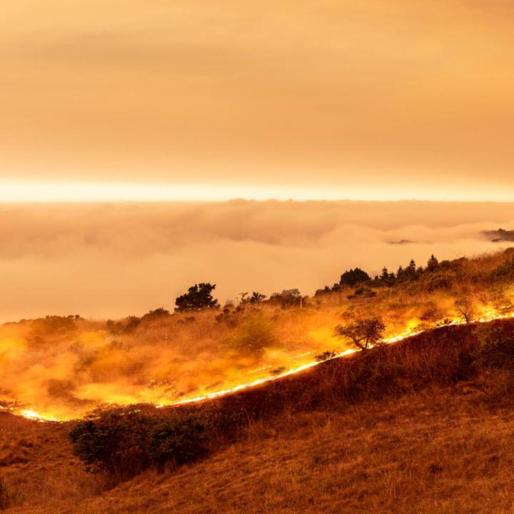 Orange smokey sky with marine layer and line of wildfire in California coastal hills