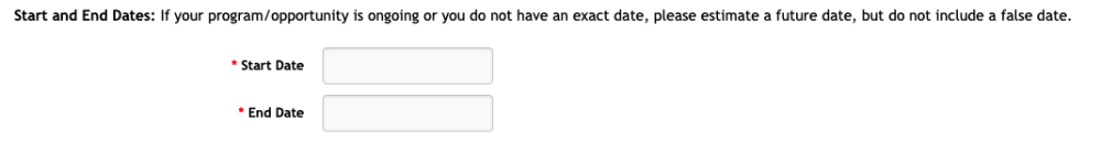 Date fields for the University of California Public Engagement form (Start and End Date)