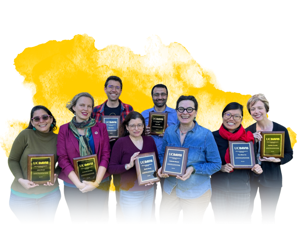 Graphic of eight faculty fellows posing for a group photo as they hold their individual plaque
