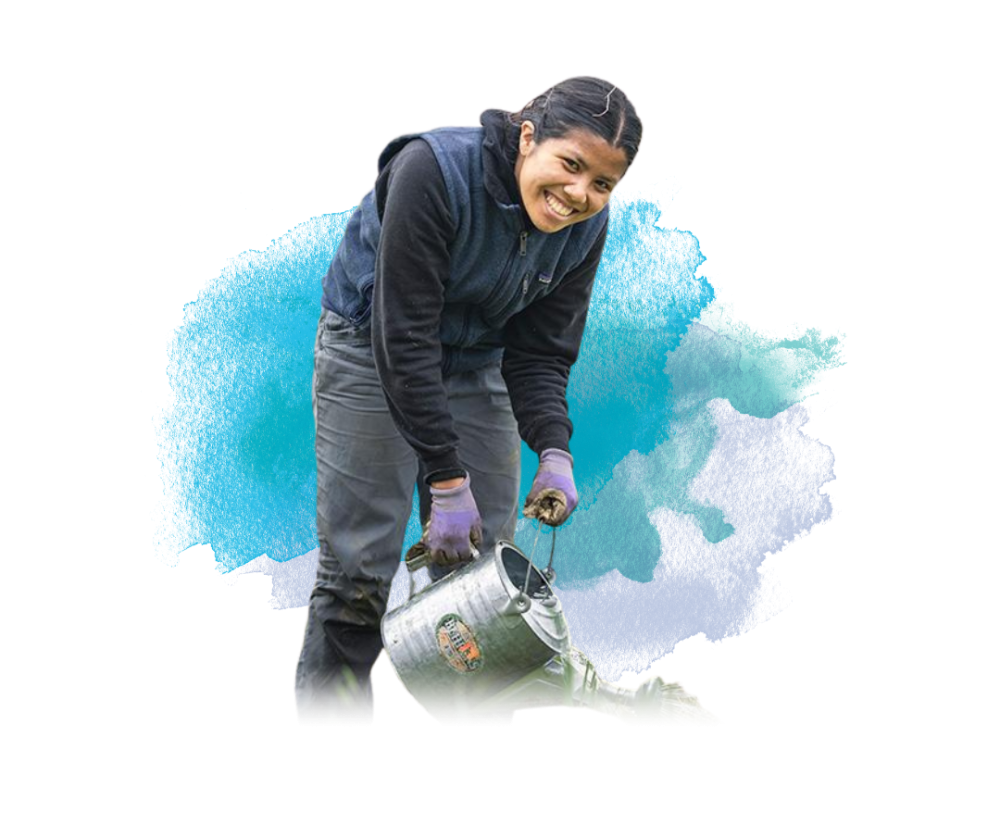 Graphic of student smiling while leaning over with a water can in front of a watercolor brush stroke