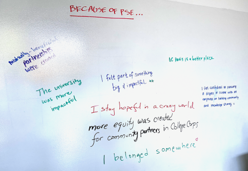 Handwritten messages about PSE on a whiteboard