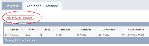 UCPE Add Locations hyperlink displays above the database table