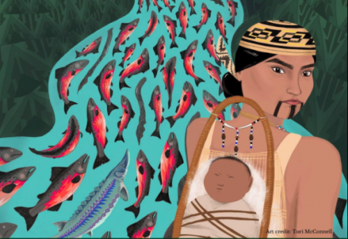 drawing of an indigenous woman with a baby and a river of salmon in the background
