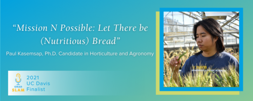 "Mission N Possible" Let there be (Nutritious) Bread" Paul Kasemsap, Ph.D. Candidtae in Horticulture and Agronomy. Image of a man looking at wheat in a greenhouse