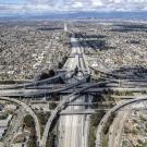 birds eye view of Los Angeles freeways with less traffic 