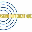asking different questions logo - concentric blue circles with yellow text in the center