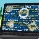 an illustration of a computer screen with stickers and the word Hello in different languages 