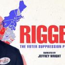 movie poster with the east coast overlaid with a man that says Rigged narrated by Jefferey Wright