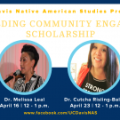 two circles with women's faces with the event title - building community engaged scholarship