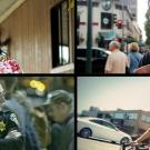 Four photos in one frame of different men and women. Top left photo has a woman look directly into the camera. Top right photo has a man in a city looking away from the camera. Bottom left photo has a police officer looking away from the photo. Bottom 