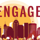 the word ENGAGE overlayed on an illustration of a city in the colors red and orange