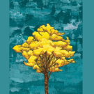 graphic of a tree that has yellow leaves in front of a teal background