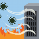 an illustration of particles going into an air purifier with flames in the background