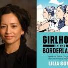 a woman with her hair pulled back on the left, a book cover on the right with an illustration of three women, title is Girlhood in the Borderlands