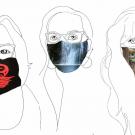 black and white line drawings of three women with glasses wearing colorful masks