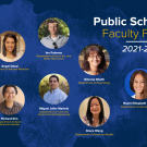 a blue background with a watercolor mark and 9 small circles with a headshot of a faculty fellow. text reads Public Scholarship Faculty Fellows 2021-2022