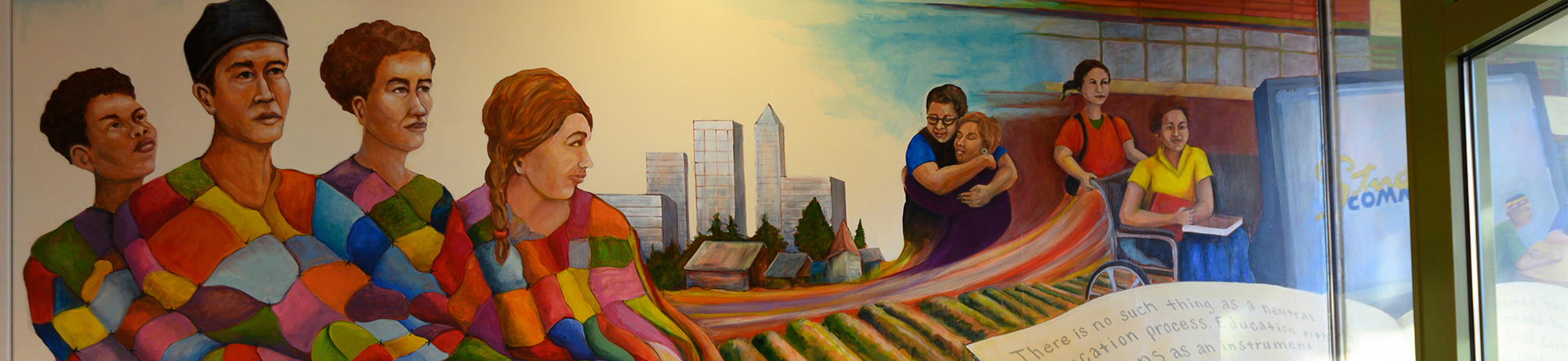Malaquias Montoya mural at the south entrance to the Student Community Center on February 21, 2020.
