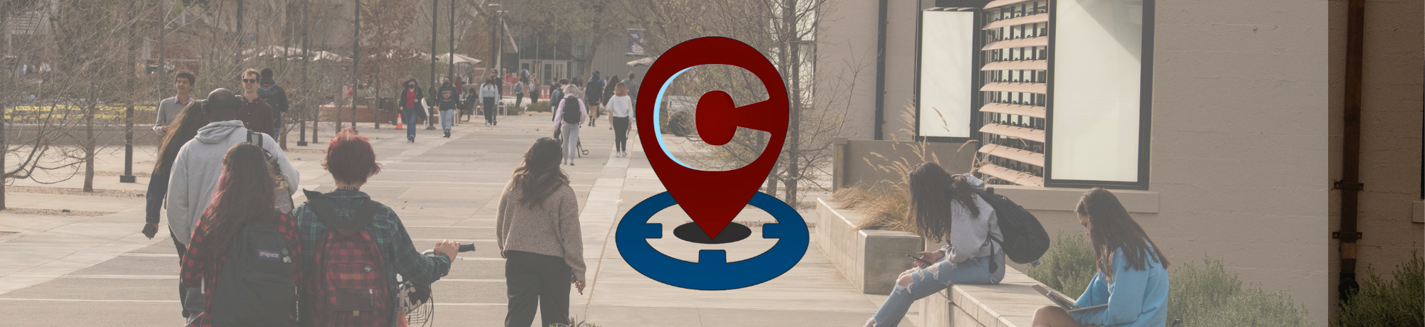 Letter C icon shaped as a map marker is placed on top of an overlay featuring students walking