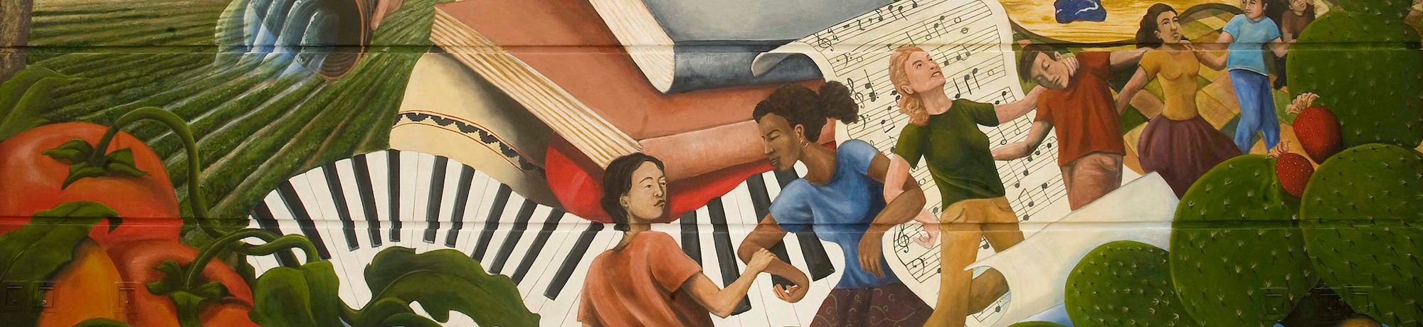 Mural of a woman and man facing opposite directions surrounded by books, music notes, piano keys, tomatoes, and children playing together