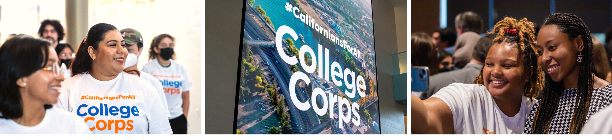 Collage of students. On the left are two students looking out to the distance. In the middle is a banner that says College Corps. On the right are two students taking a selfie.
