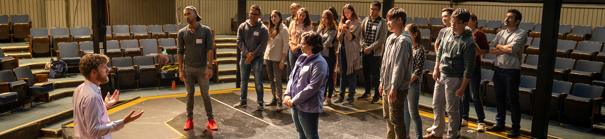 The first session of an mprov workshop for graduate students in Wyatt Theatre on October 29, 2019. This workshop is taught by Lucas Hatton, a UC Davis MFA.